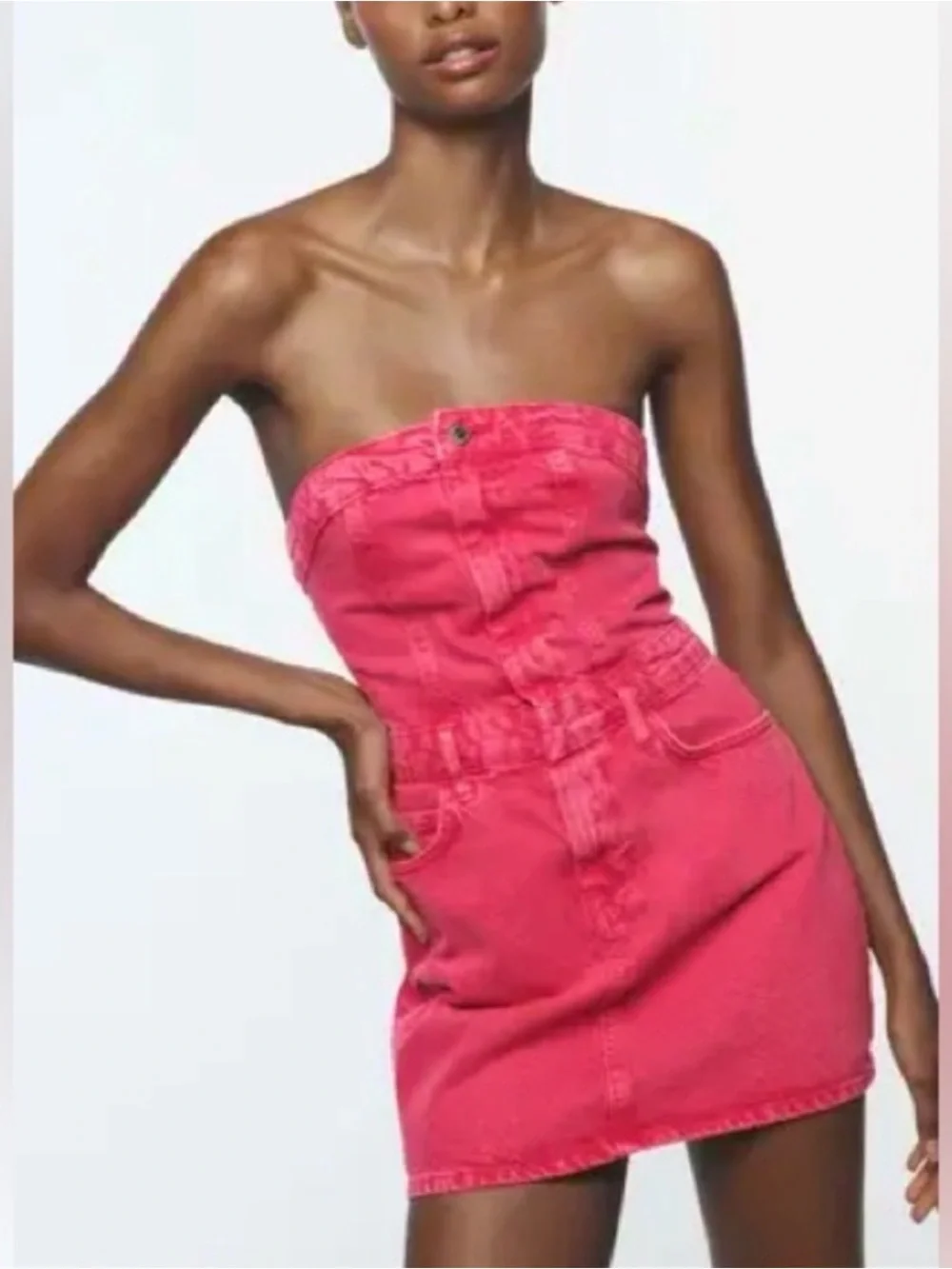 topshop boutique denim dress shirred maxi with straps in mid blue Size:XL (US:14-16 UK/AU:18-20) priority-01-rosie-lace-bodice-short-sleeve-v-neck-ankle-gown-pearl-pink-multi Easy, relaxed style you'll The Topshop denim barrel